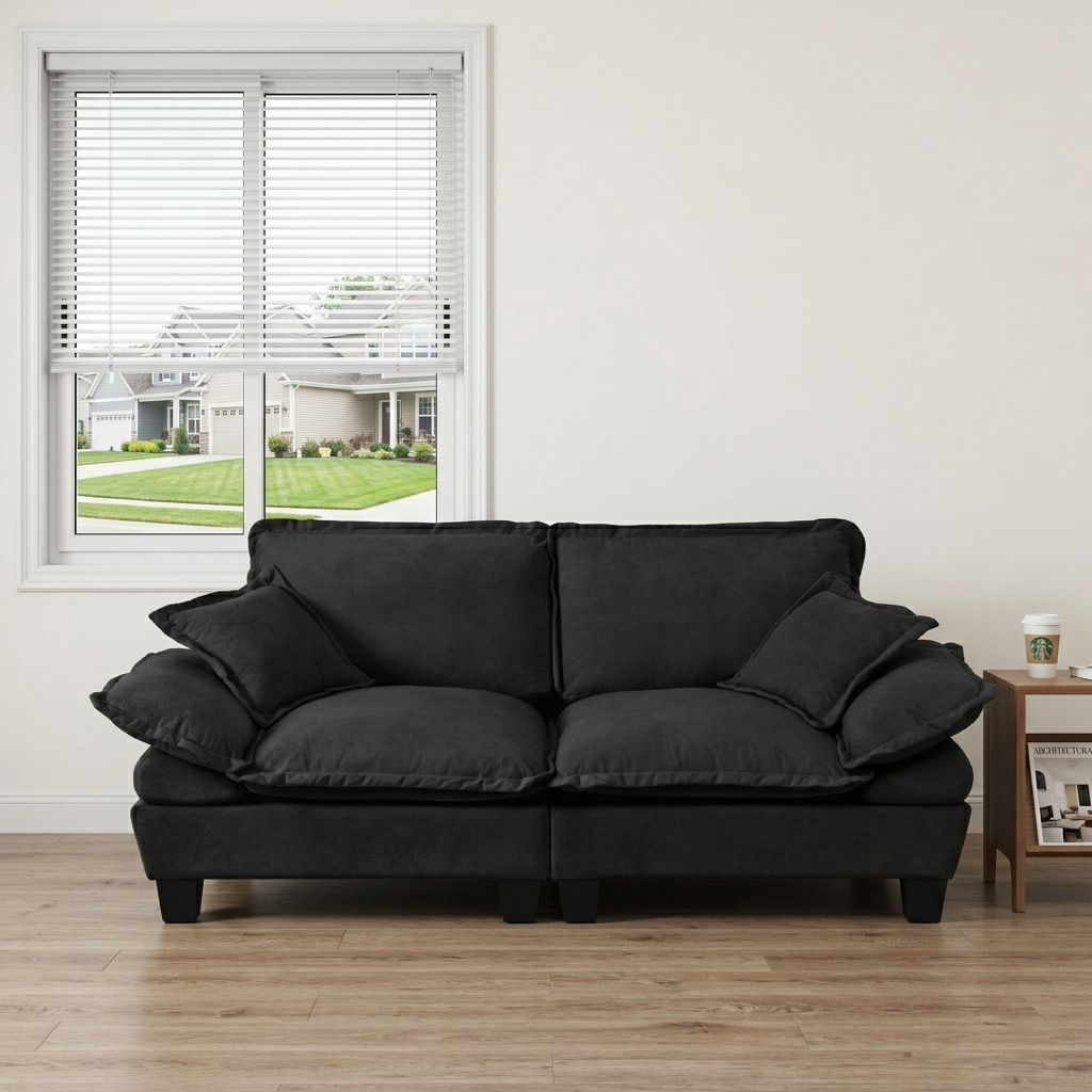 Black Chenille 2-Seater Modular Loveseat with Curved Armrests