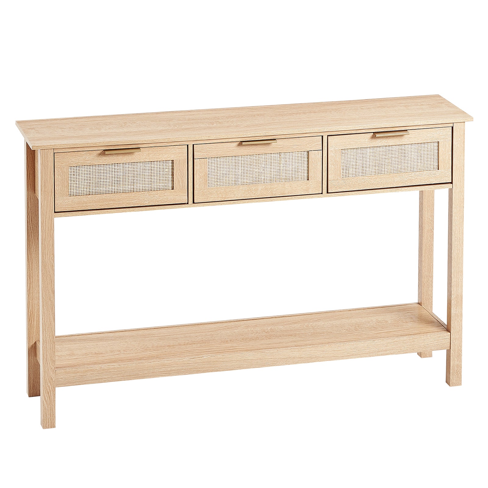 Natural oak console table with three drawers featuring woven rattan inserts, slim gold handles, and a lower shelf.