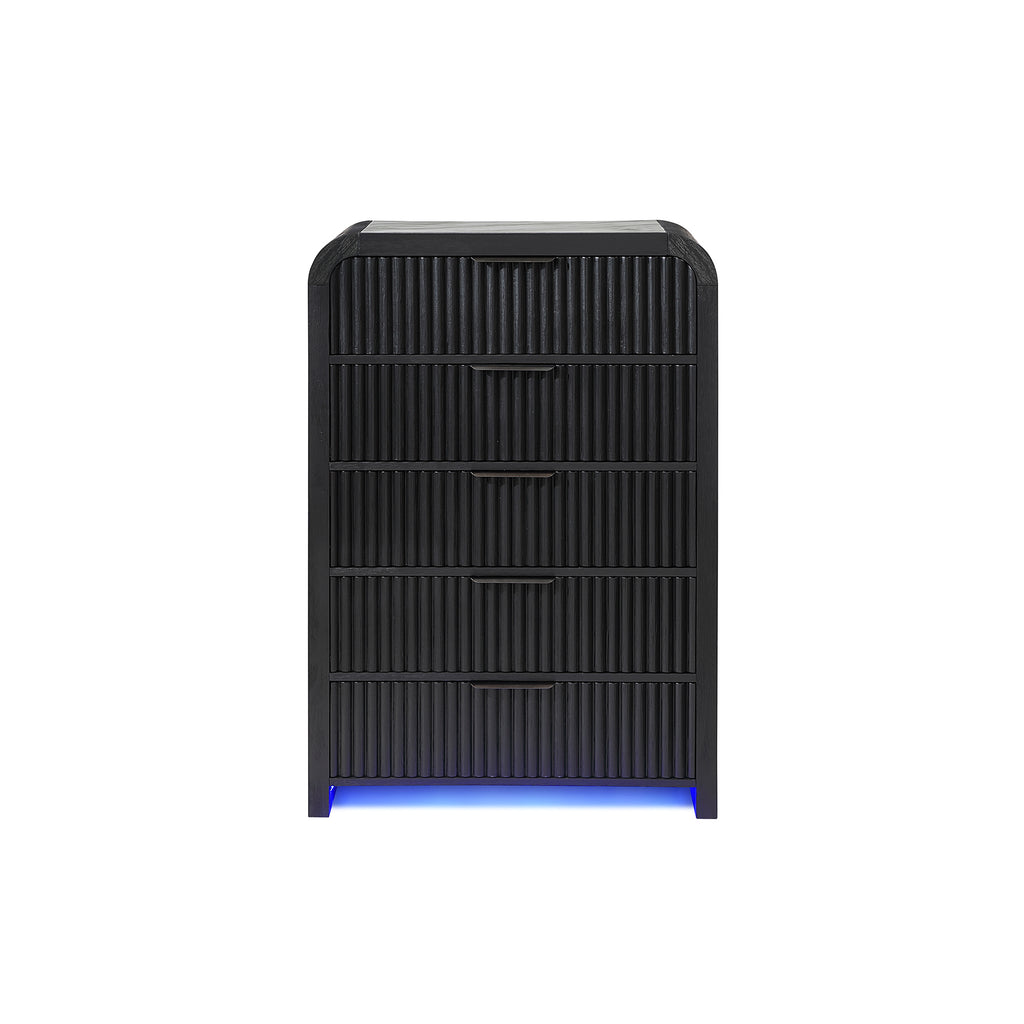 Beverly White and Black Chest with Fluted Finish, LED Lighting, Spacious Drawers, Edge Pulls, Rubber Wood, 38 x 18 x 54 inches