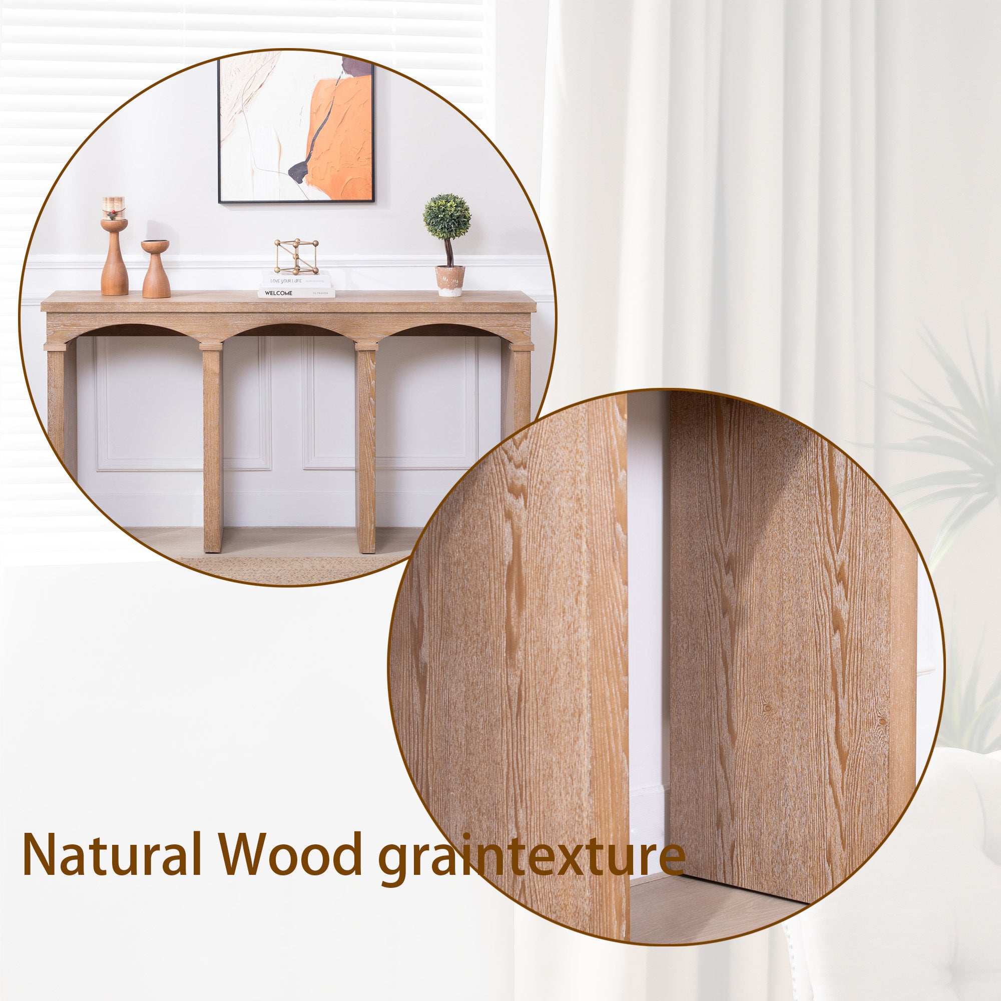 Natural wood grain texture of the Rustic Archway Console Table shown in close-up and styled room setting.