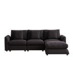 Full front view of modular L-shaped sofa with ottoman, showcasing 3 seat cushions and 4 pillows in a sleek, dark finish for versatile home decor.