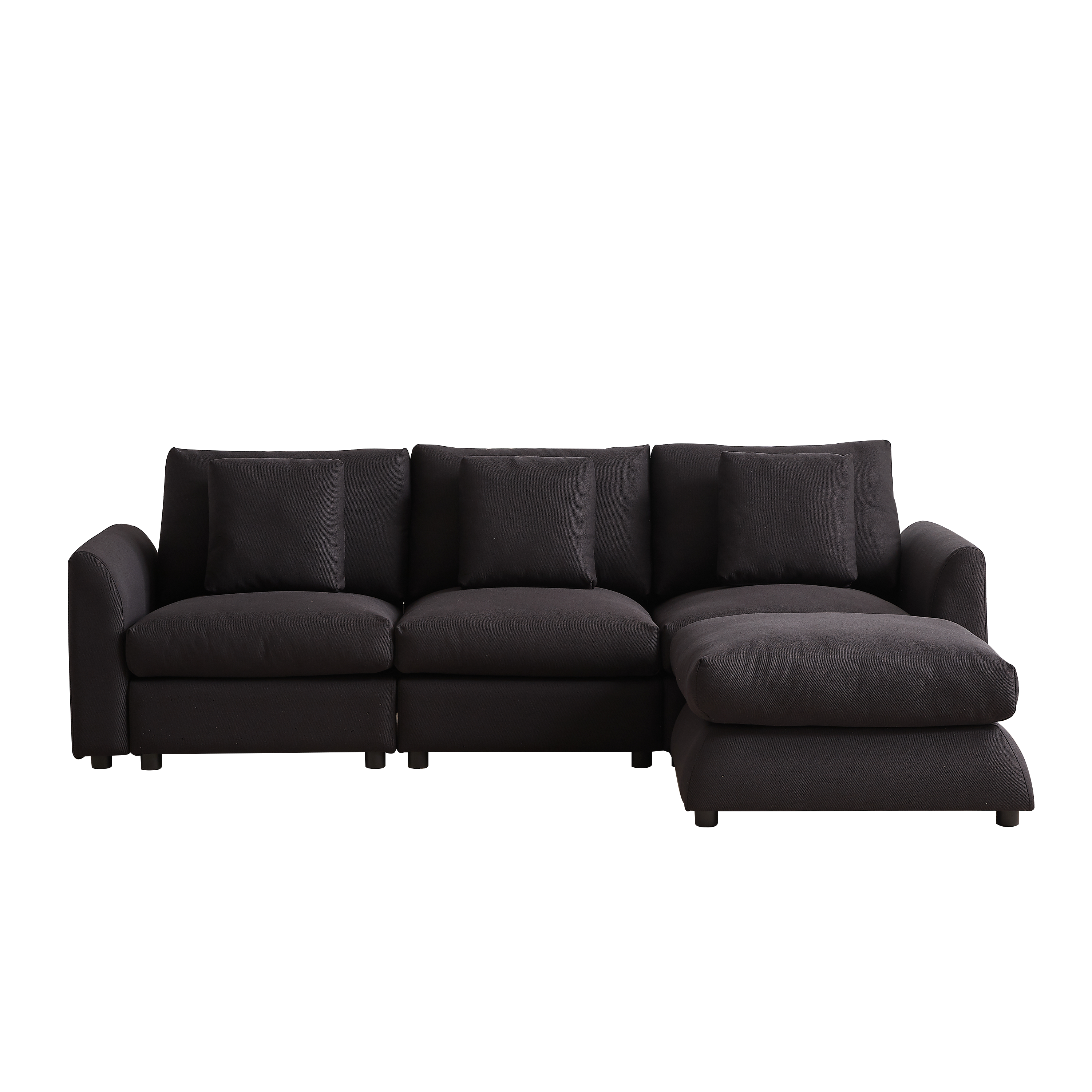 Full front view of modular L-shaped sofa with ottoman, showcasing 3 seat cushions and 4 pillows in a sleek, dark finish for versatile home decor.