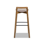 Rear view of Sven 30' dark brown modern low back barstool with curved backrest and black iron footrest support.