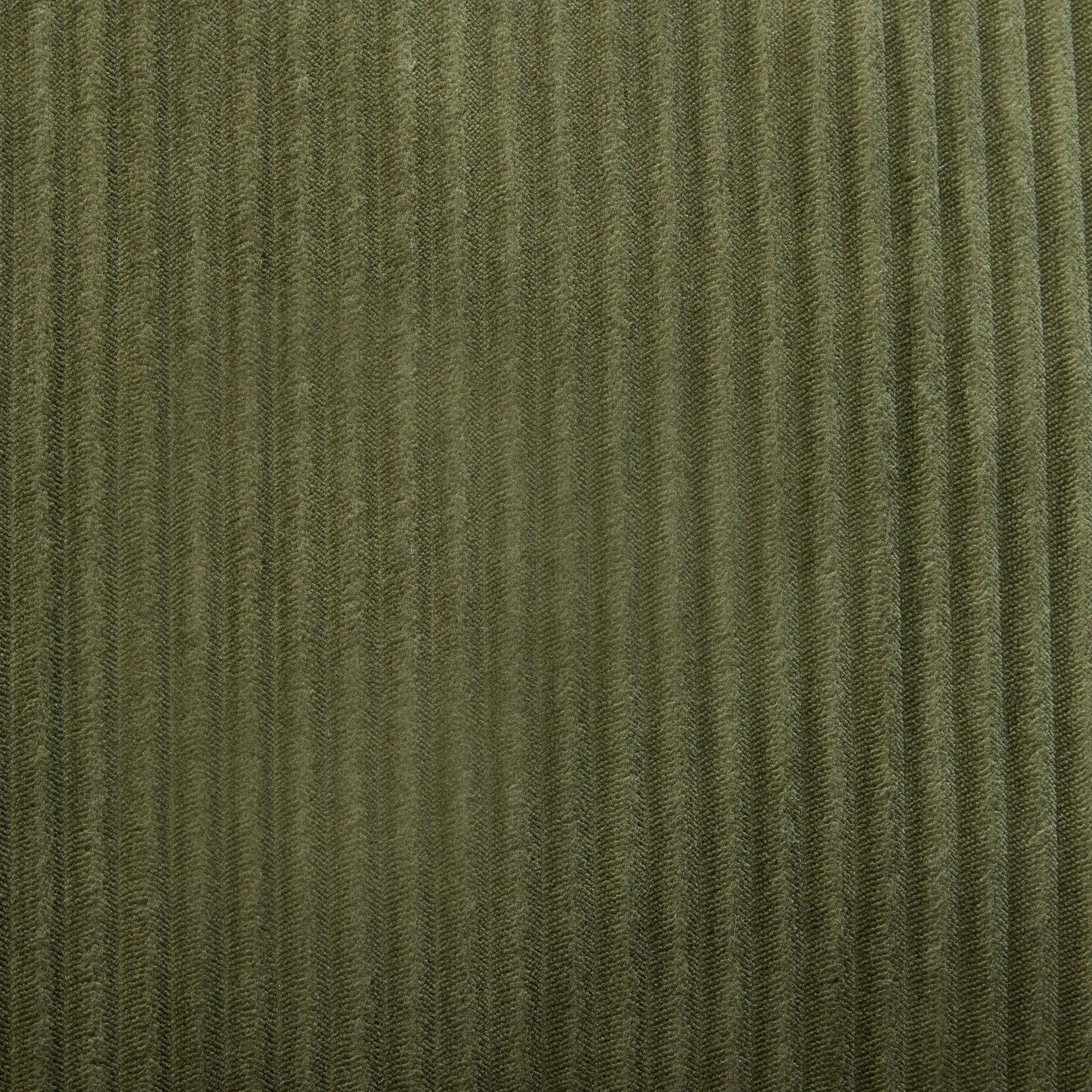 Green Corduroy Sofa with Cushions and Pillows.