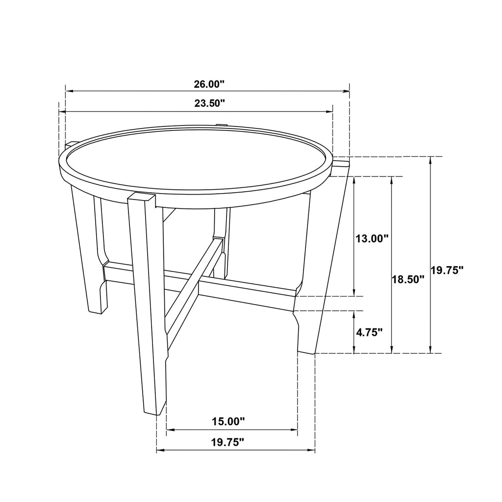 Technical drawing of dark brown solid wood end table with detailed measurements for height, width, and leg spacing.