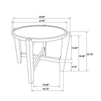 Technical drawing of dark brown solid wood end table with detailed measurements for height, width, and leg spacing.