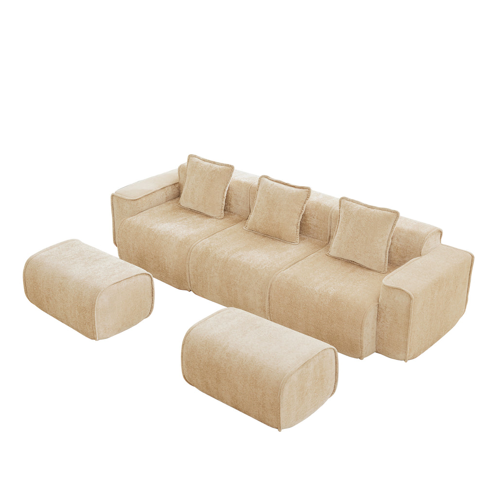 Modular Velvet Sectional Sofa with movable ottomans in light camel. Flexible 3-seat layout with no assembly required.