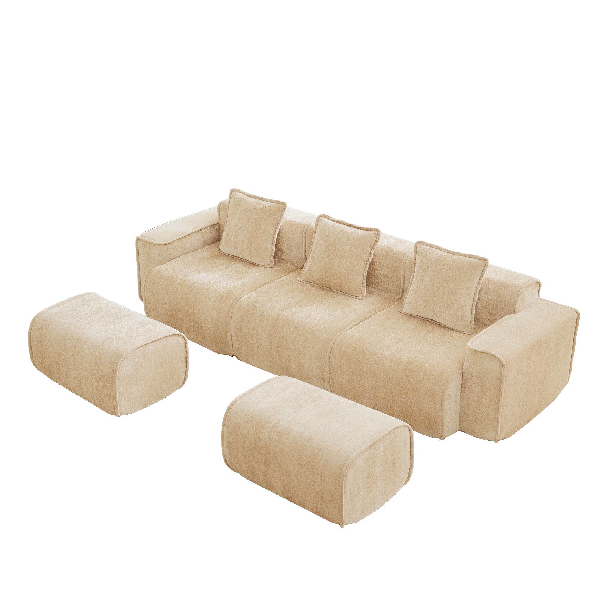 Modular Velvet Sectional Sofa with movable ottomans in light camel. Flexible 3-seat layout with no assembly required.