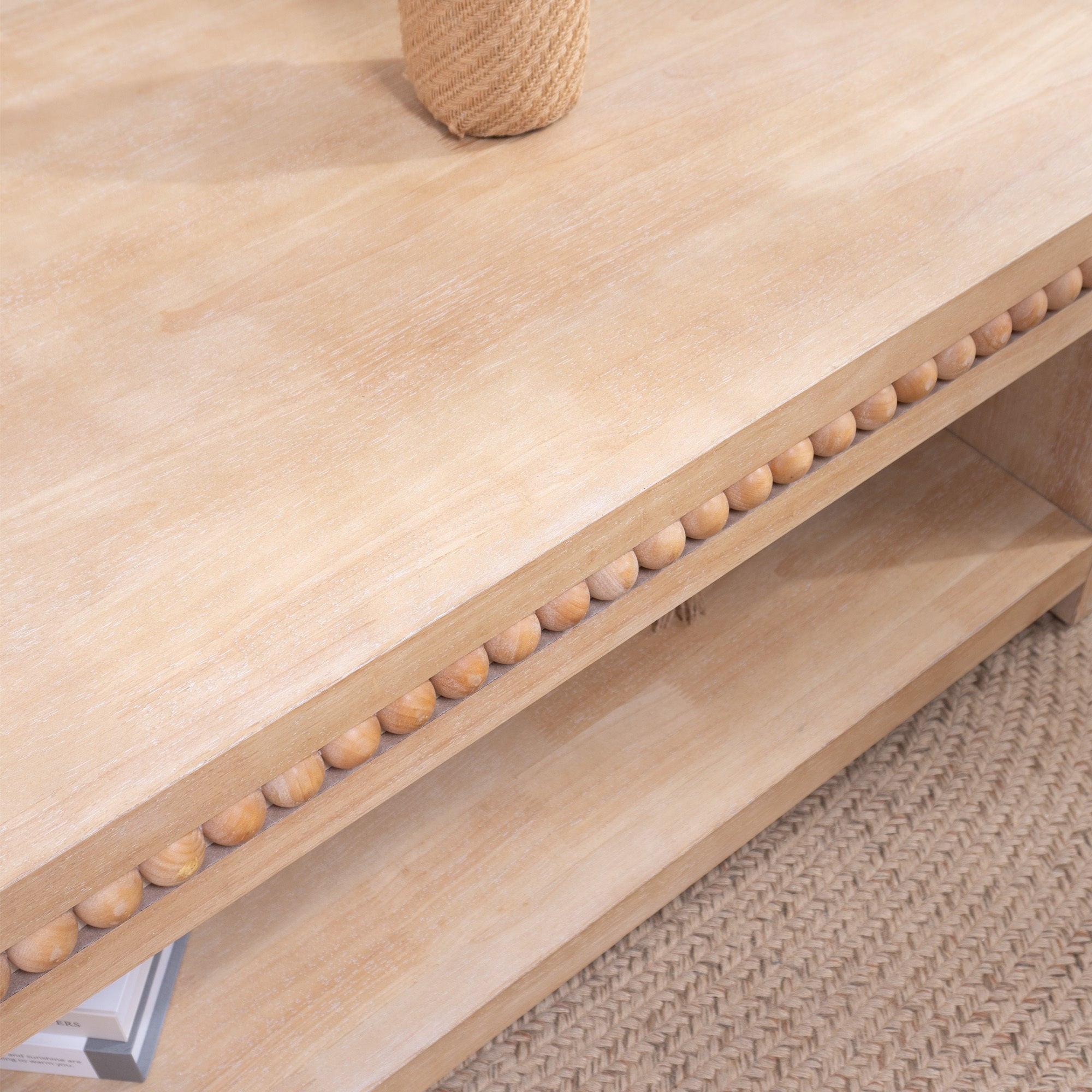 Modern Wood Coffee Table with Beaded Trim – 47 Rectangular Coffee Table with Open Storage Shelf, Light Natural Finish – Farmhouse & Coastal Living Room Furniture.