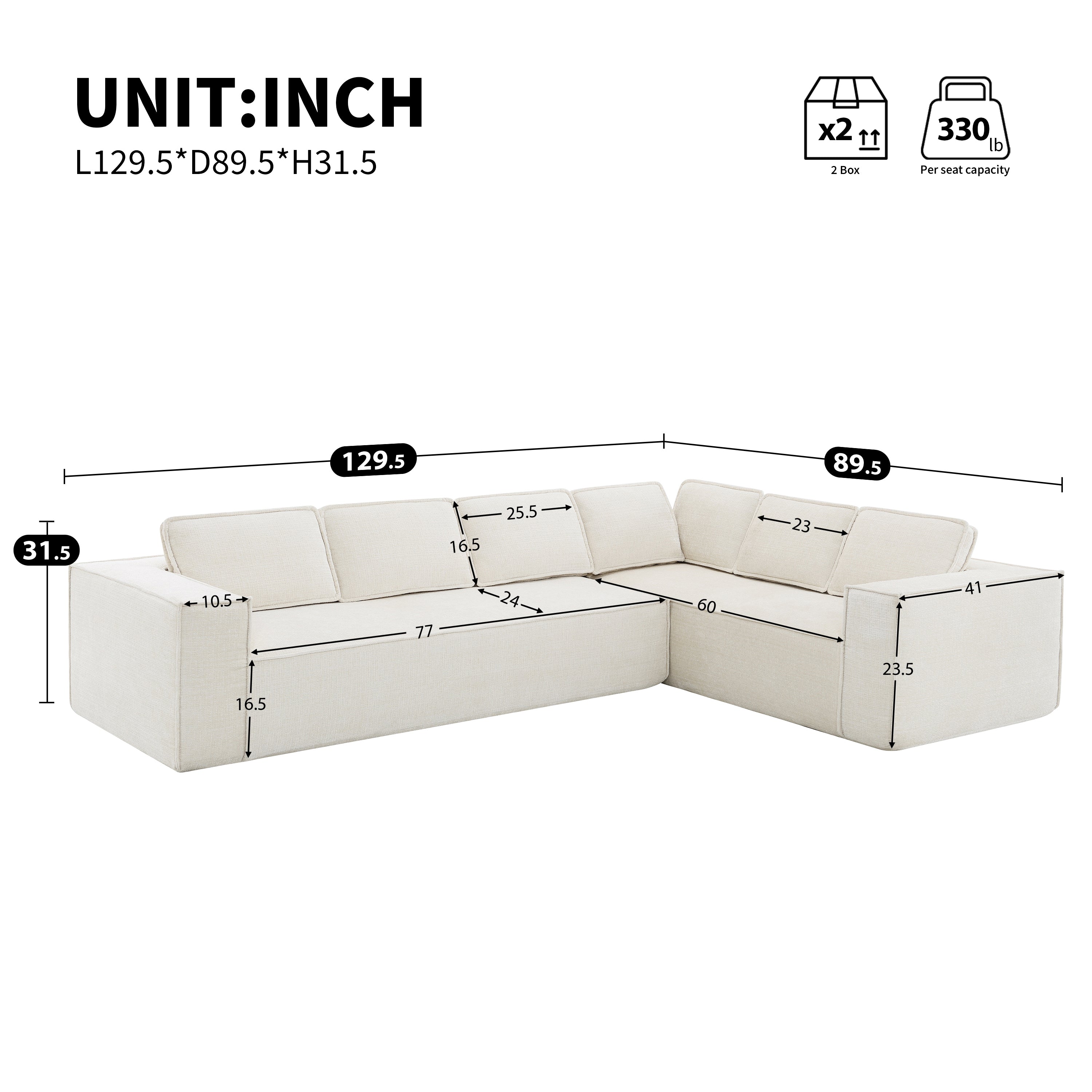 Dimensions chart of modular sectional sofa in inches, showing detailed measurements for each section and overall layout.