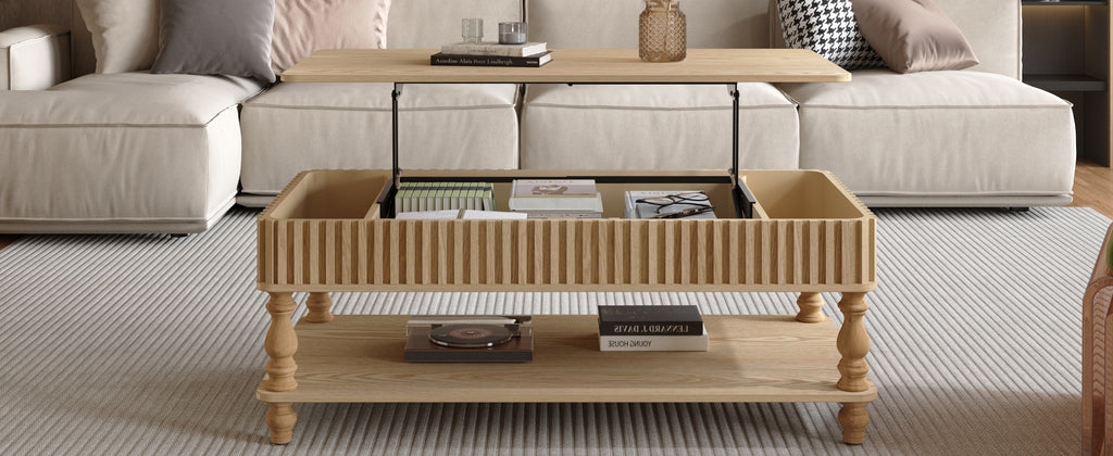 Front view of lift top coffee table open, displaying spacious hidden storage and elegant fluted wood design in a cozy living room.