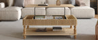 Front view of lift top coffee table open, displaying spacious hidden storage and elegant fluted wood design in a cozy living room.
