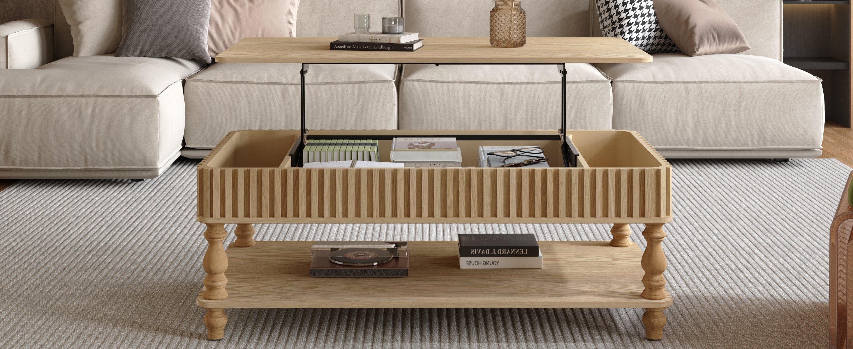 Front view of lift top coffee table open, displaying spacious hidden storage and elegant fluted wood design in a cozy living room.