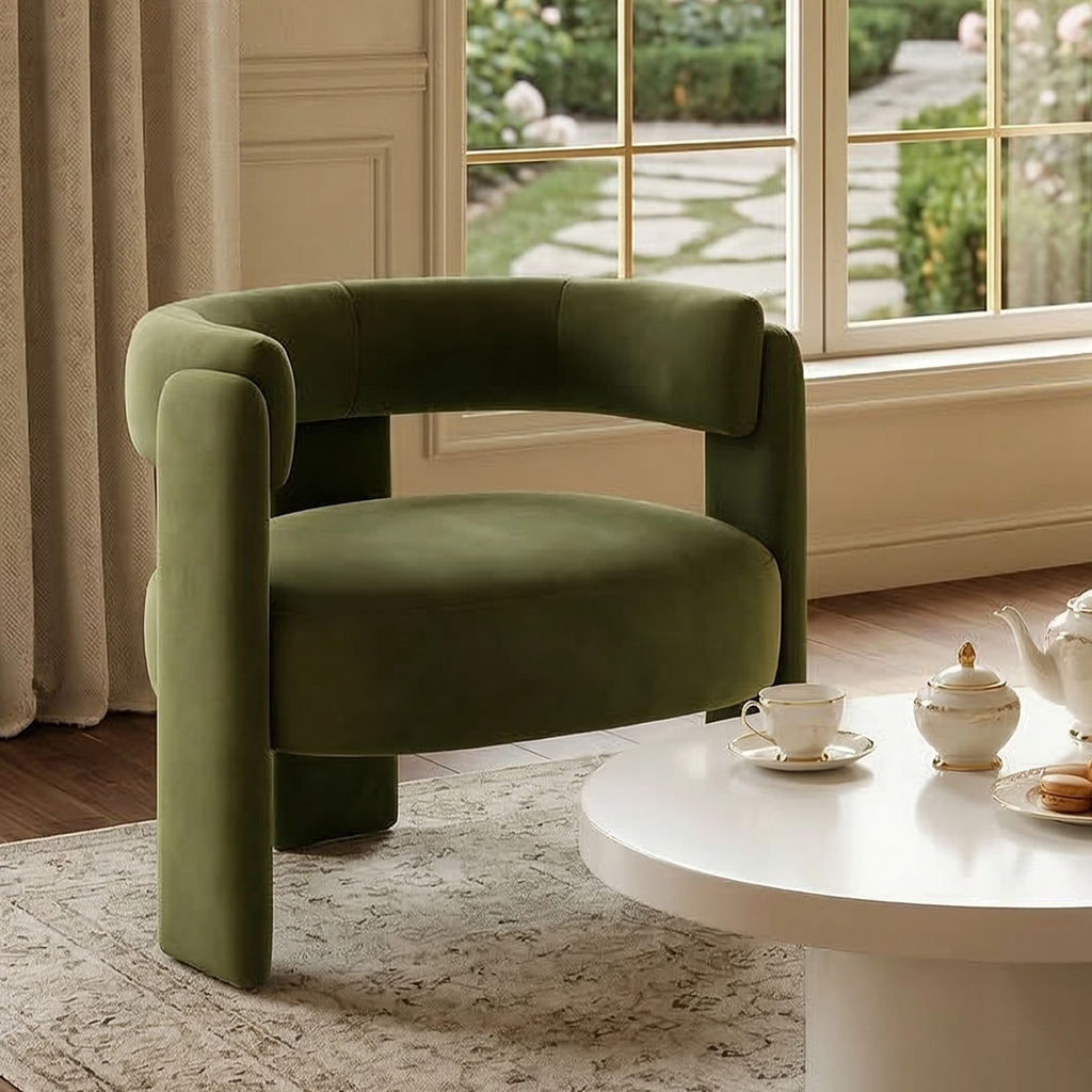 Green Velvet Mid-Century Modern Accent Chair with Wood Legs