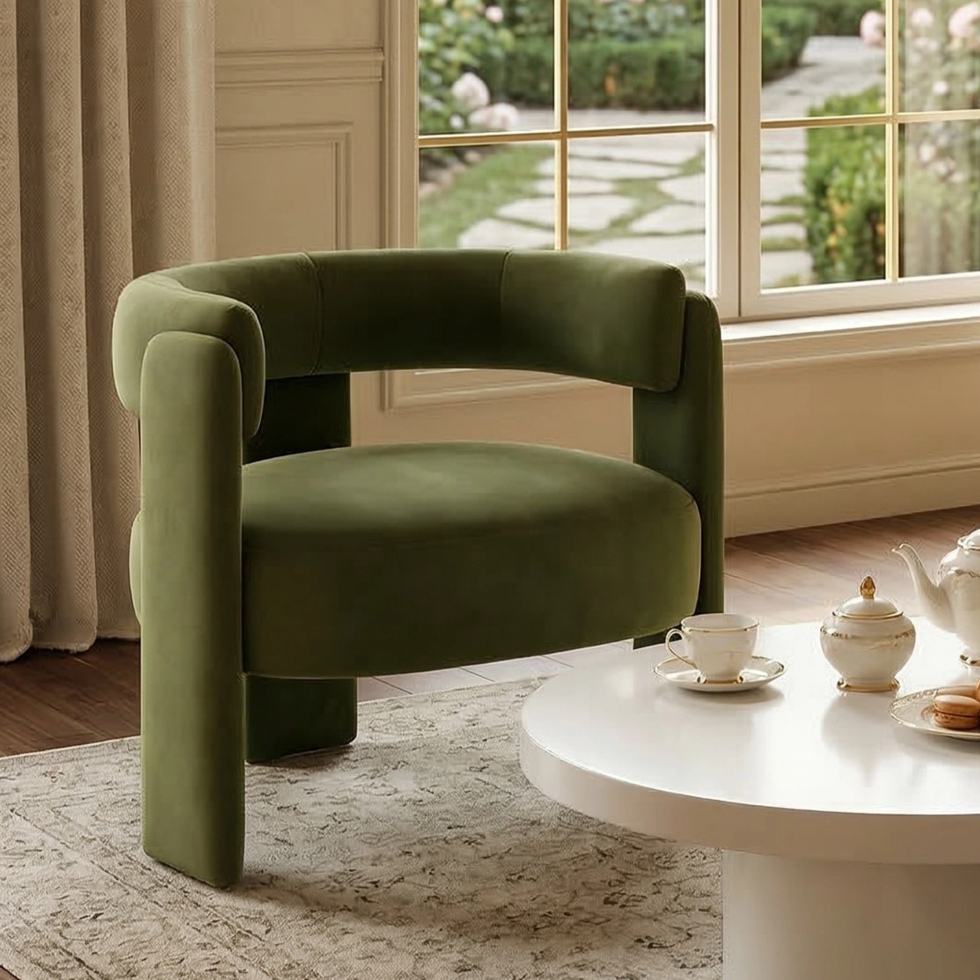 Green Velvet Mid-Century Modern Accent Chair with Wood Legs