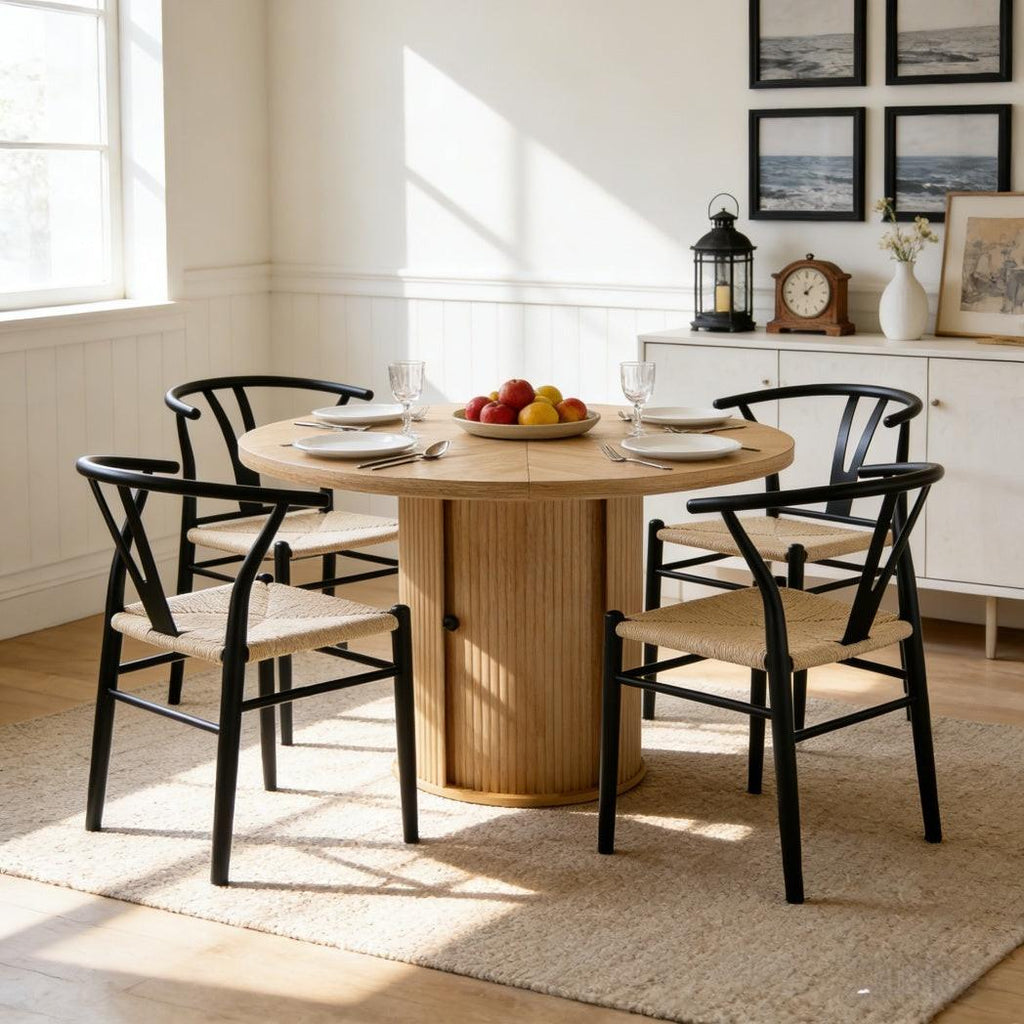 Black Woven Dining Chairs Set with Roman Column Table.