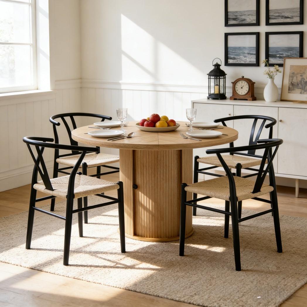 Black Woven Dining Chairs Set with Roman Column Table.