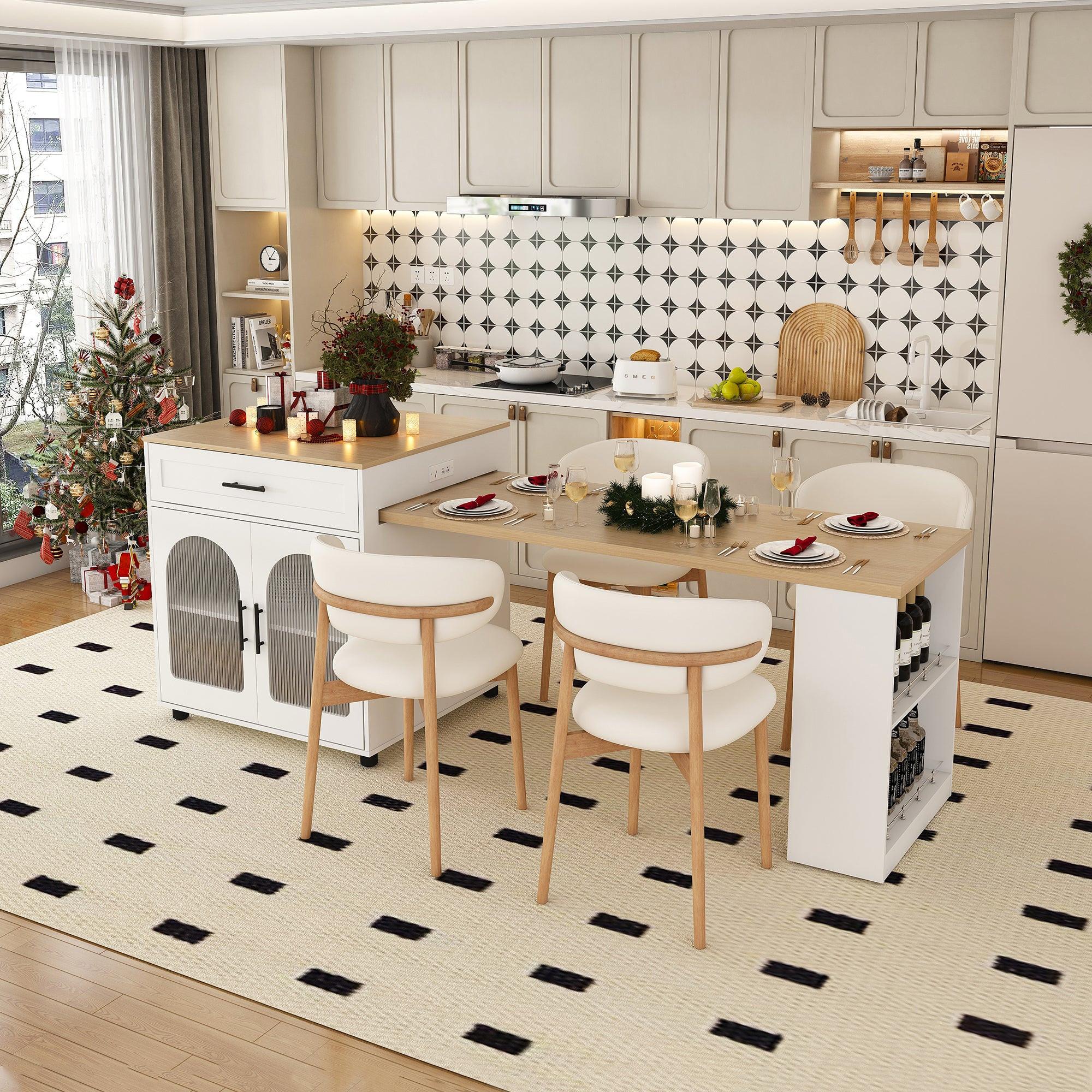 Expandable Kitchen Island with Dining Table & Power Outlet.