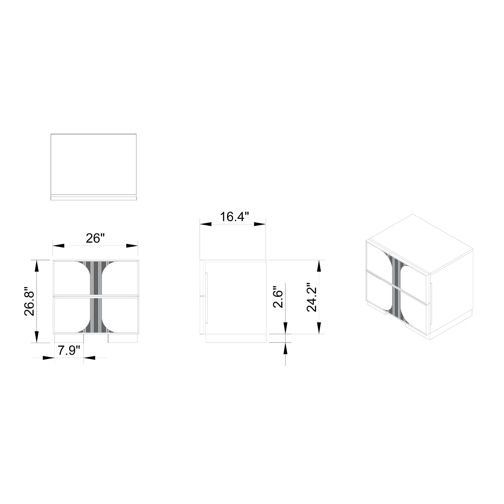 Technical dimensions of Sasha White Nightstand showing height, width, and depth with detailed drawer and base measurements.