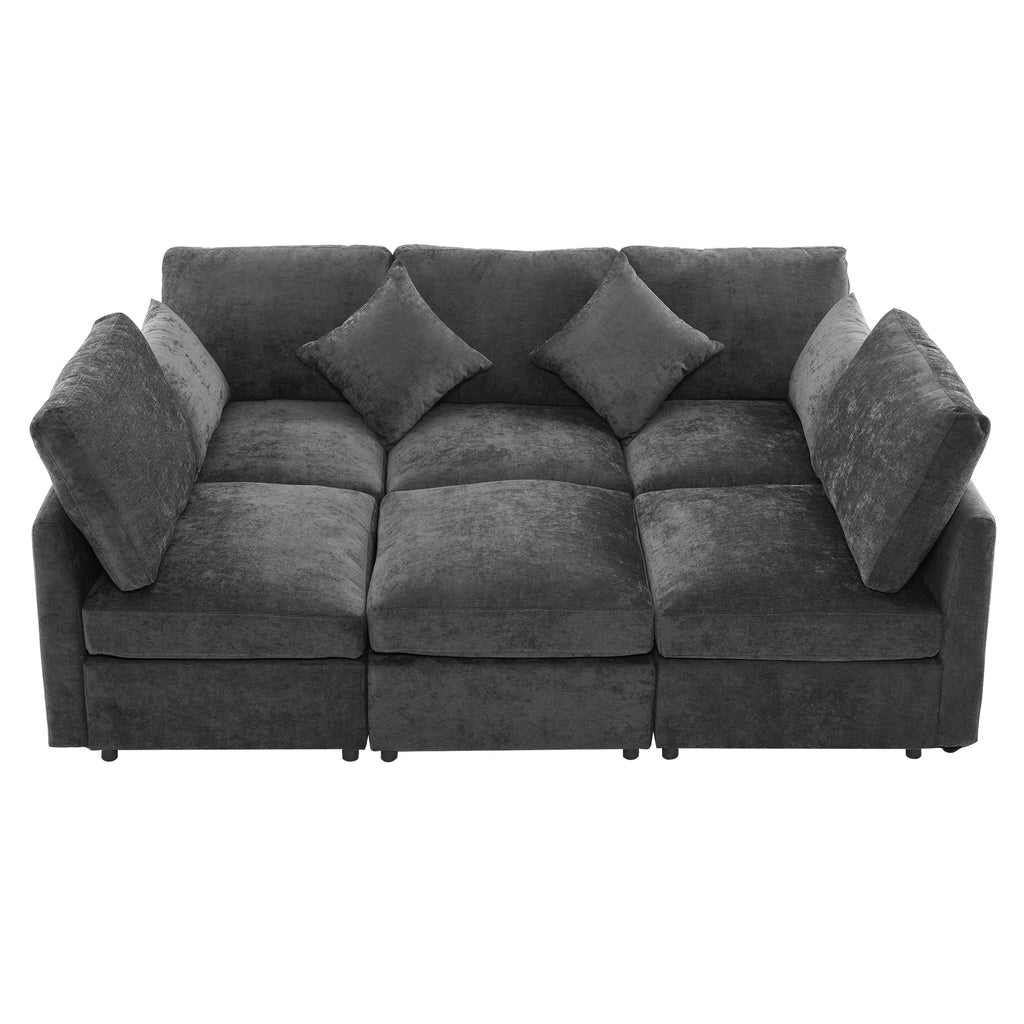 Stylish Modular U-Shaped Sectional Sofa with USB Ports, Black Chenille, 86.6'