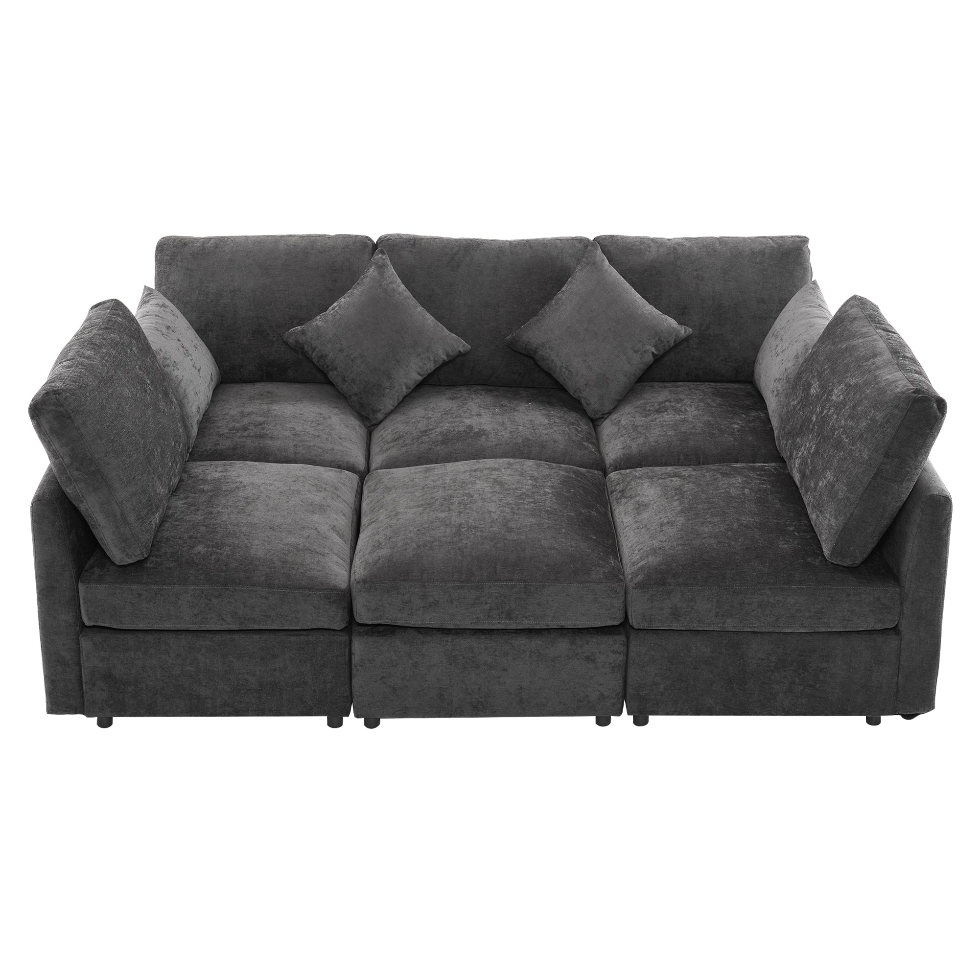 Stylish Modular U-Shaped Sectional Sofa with USB Ports, Black Chenille, 86.6'