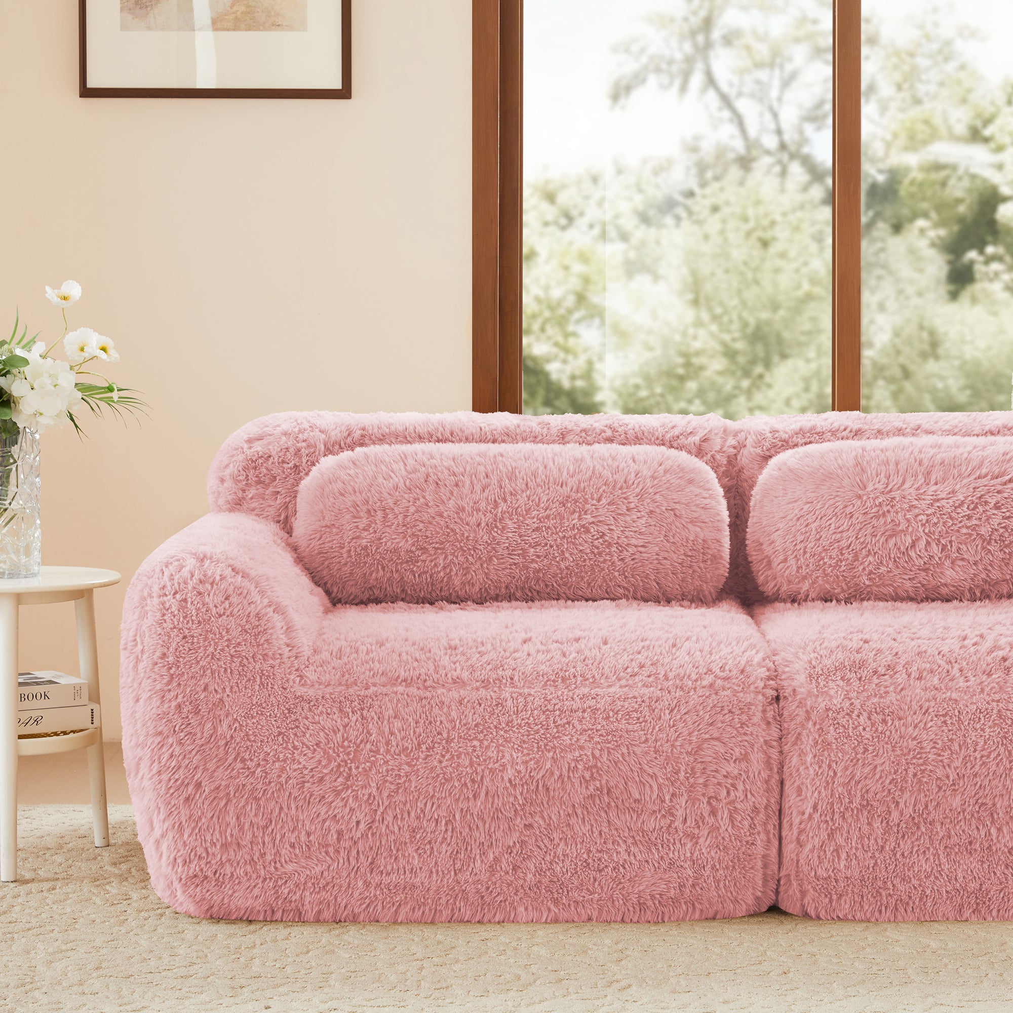 Back view of pink plush modular sofa with ergonomic cushions, perfect for modern living rooms with no assembly required.