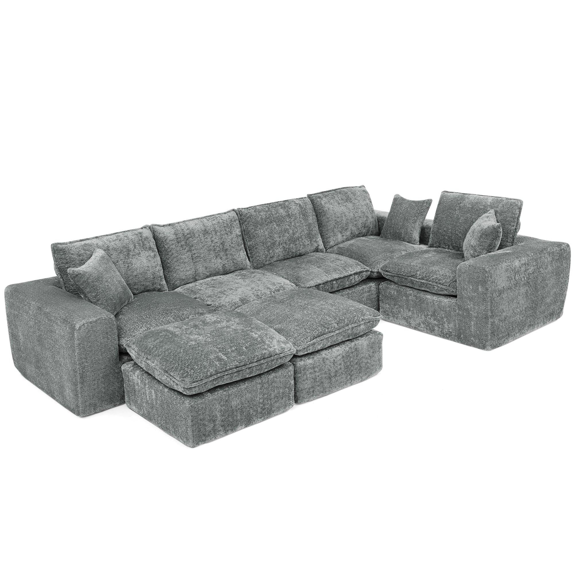 L-shaped Boucle Sectional Sofa with Moveable Ottomans.