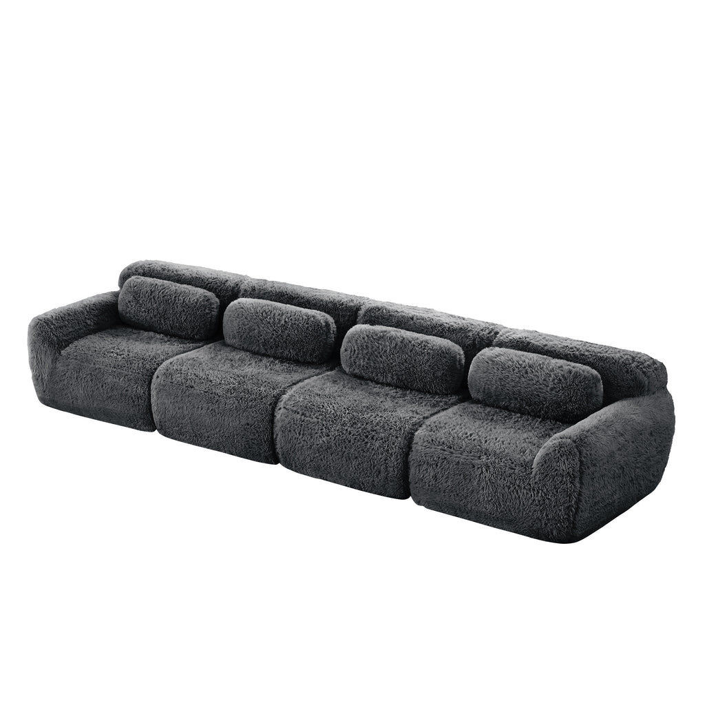 Top angled view of dark grey 149'' modular plush sofa highlighting its spacious seating and cozy, no-assembly structure.