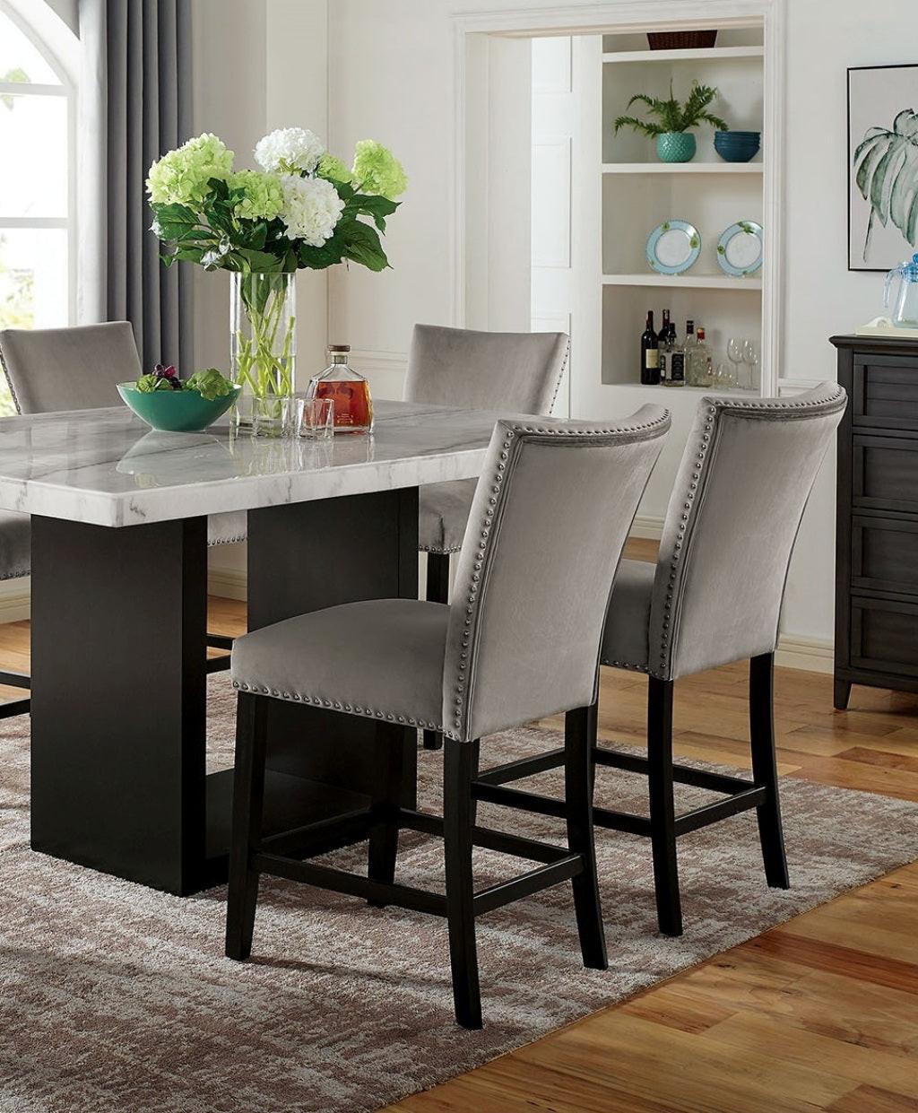 7pc Marble Top Dining Table Set with 6 High Chairs.
