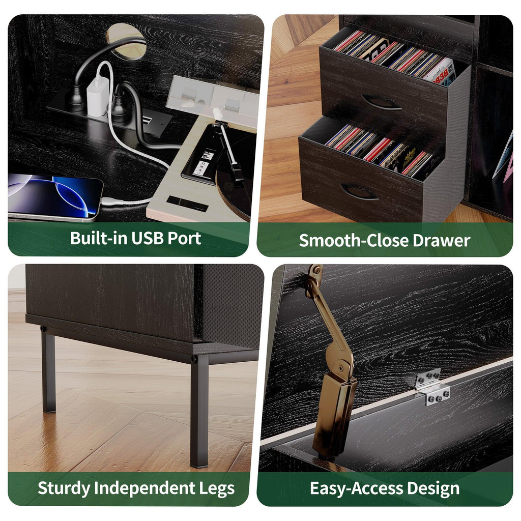 Eco-Friendly Record Player Stand - Black Vinyl Storage Cabinet.