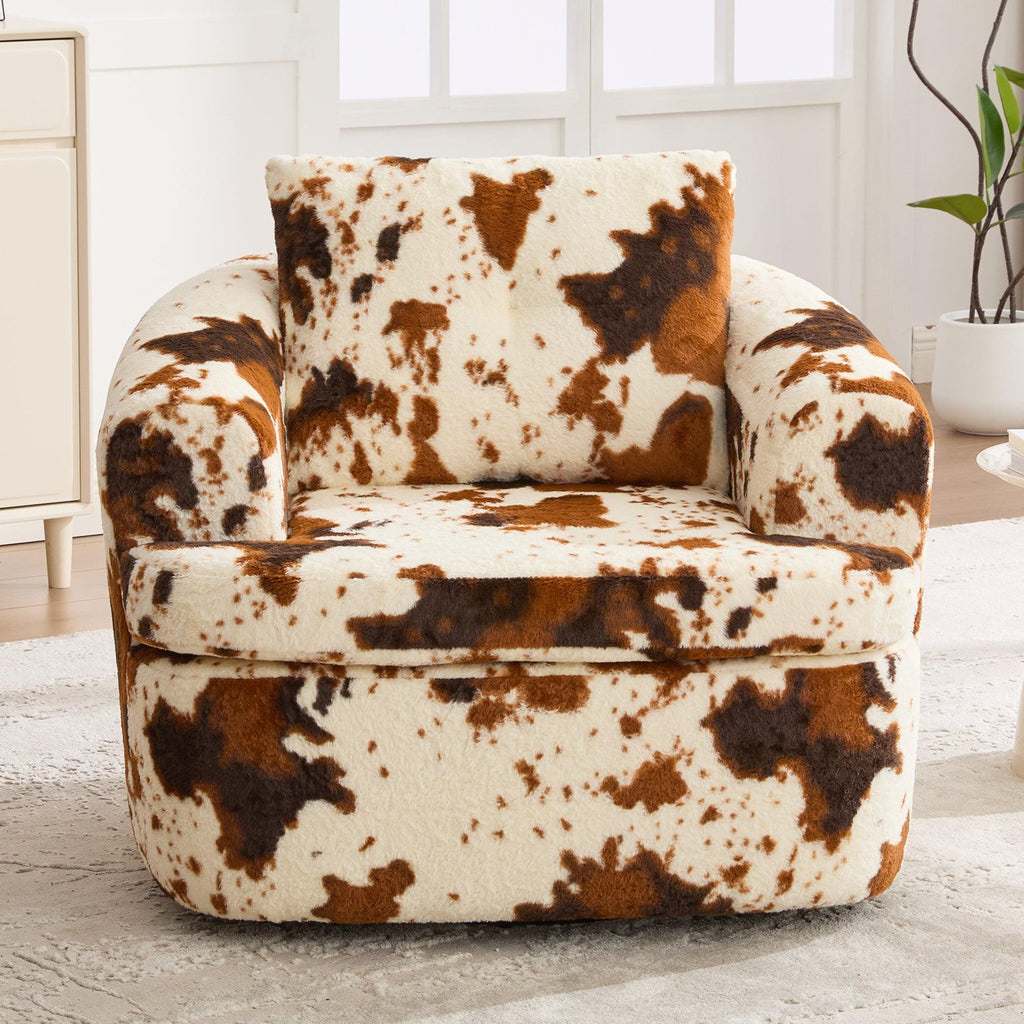 Modern 360° Swivel Accent Barrel Chair with Dual-Layer Cushion in Beige & Brown Faux Fur, 36.6' Round Seating for Living Room, Bedroom, Office, or Hotel.