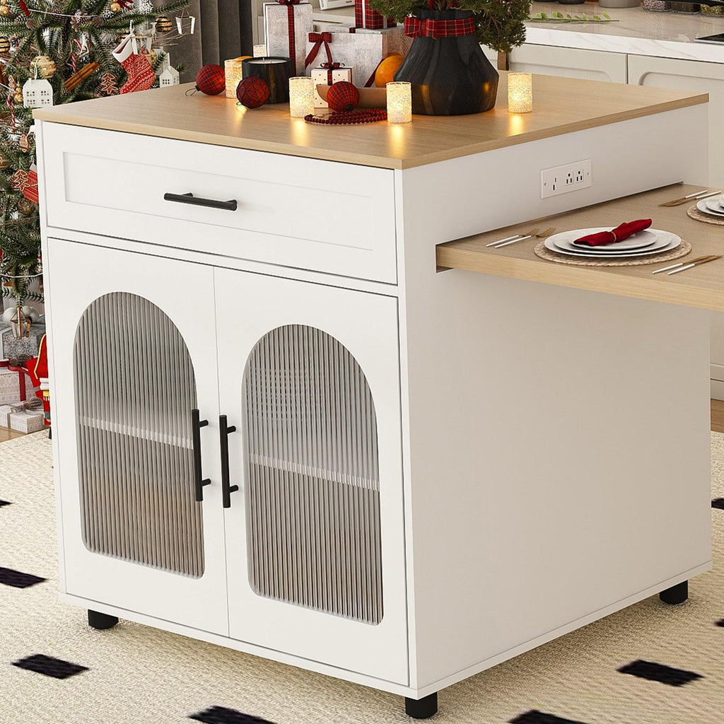 Expandable Kitchen Island with Dining Table & Power Outlet.