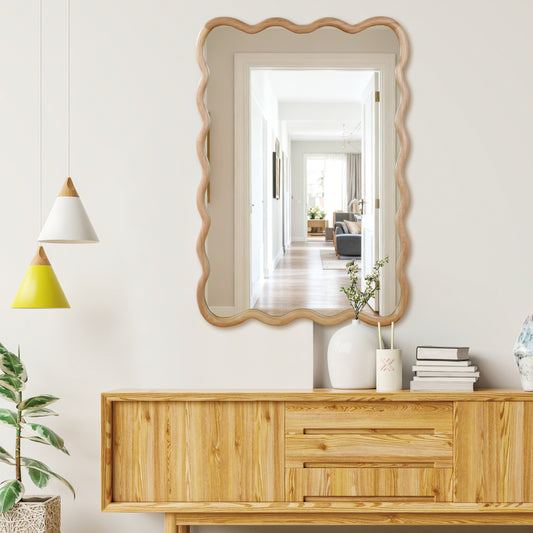 Natural Wood Color 24'x36' Wavy Rectangle Solid Wood Frame Decorative Mirror,For Bedroom, Bathroom, Living Room, Entryway