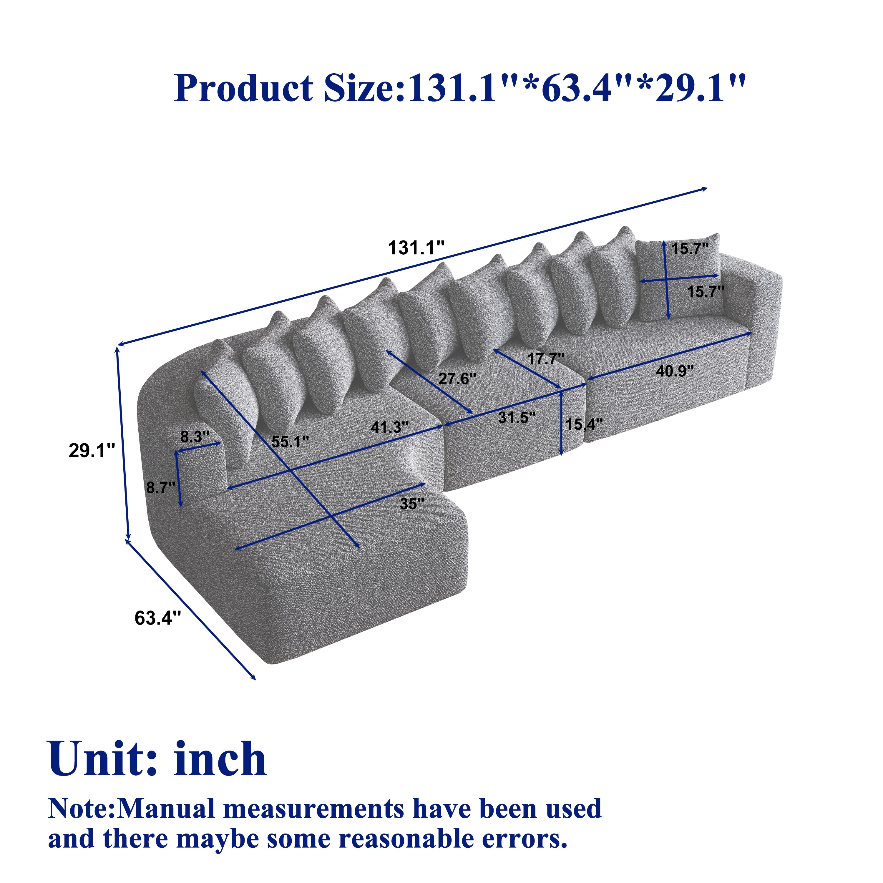 Chenille Sectional Sofa dimensions chart showing curved L-shape design and detailed measurements in inches for modular layout planning.
