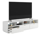 White finish media console with TV, showing open drawers and shelves storing decor and electronics, perfect for stylish storage.
