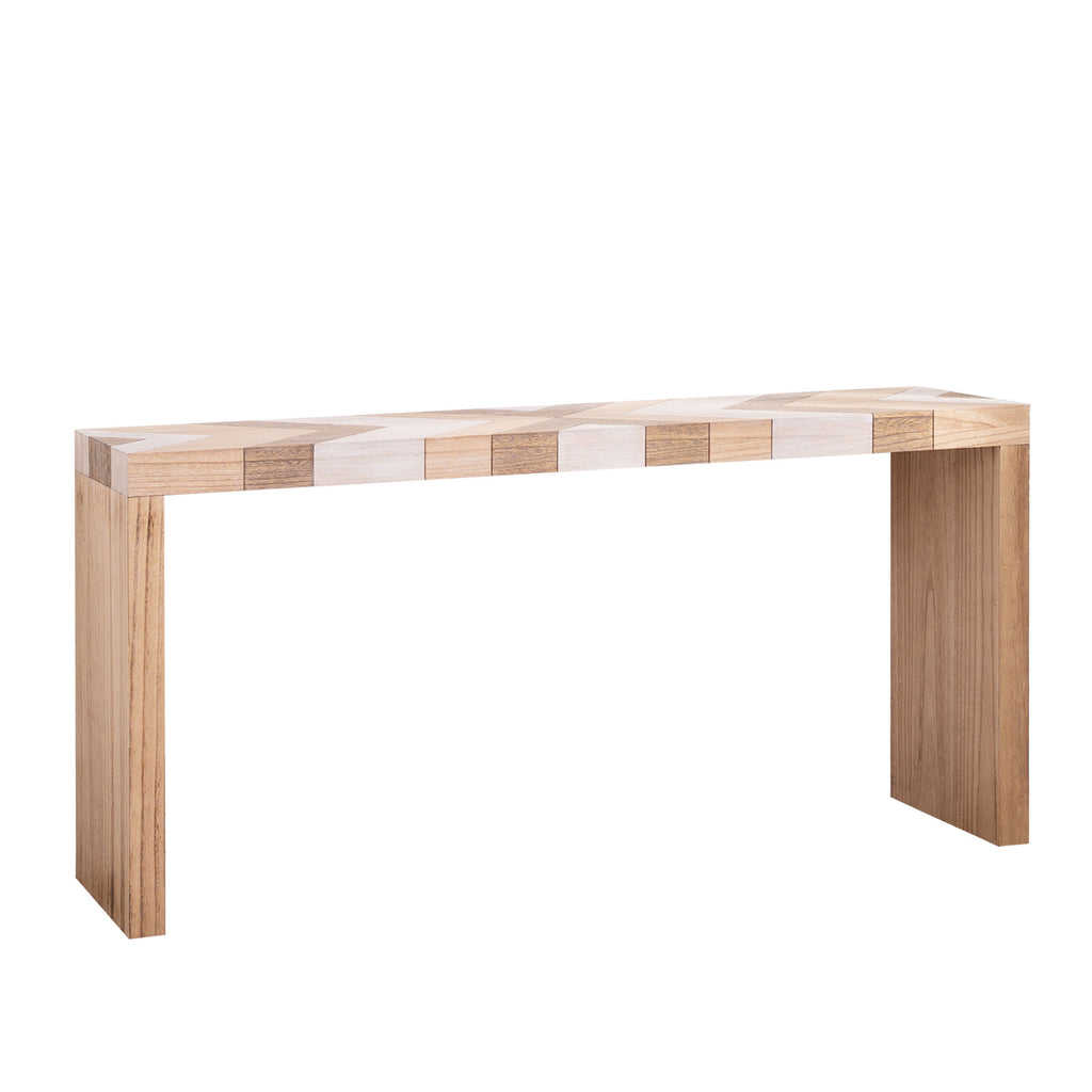 Modern console table with chevron patterned top in natural wood tones, 62 inches long, ideal for entryway or living room decor.