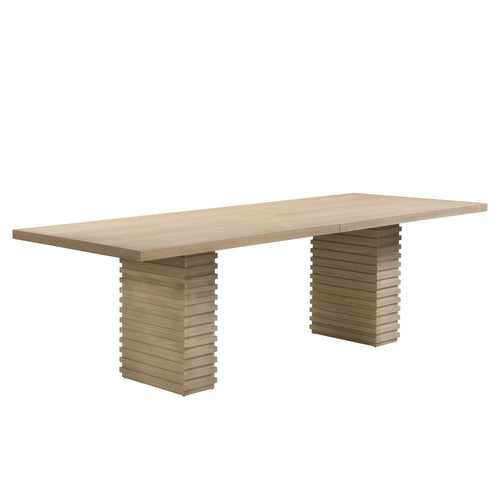Solid wood 95 inch dining table in light ash with ribbed double pedestal base, ideal for contemporary dining spaces.