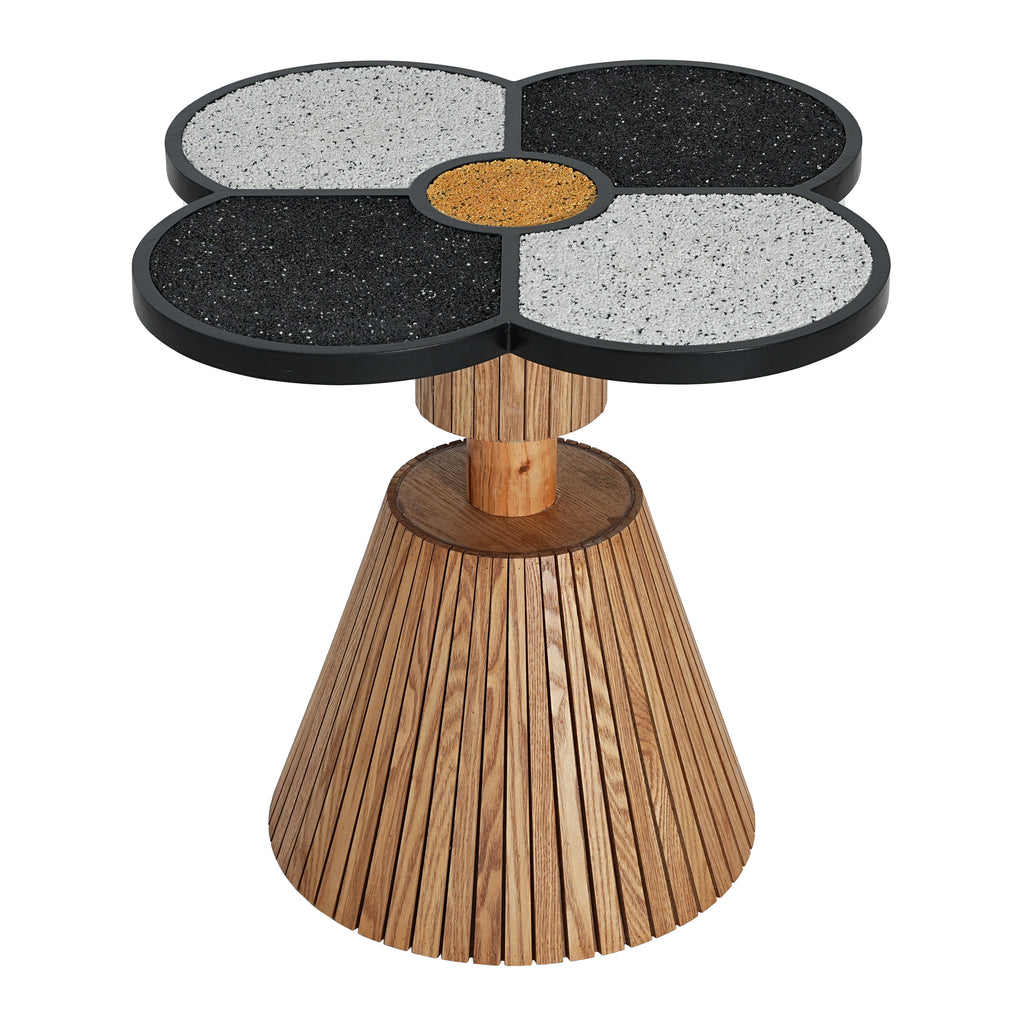 Unique Four-Leaf Clover Accent Table with contrasting black and white terrazzo petals and a golden center detail.