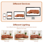 Modular sectional sofa with ottoman in boucle fabric displayed across devices and lighting conditions to show color variation.