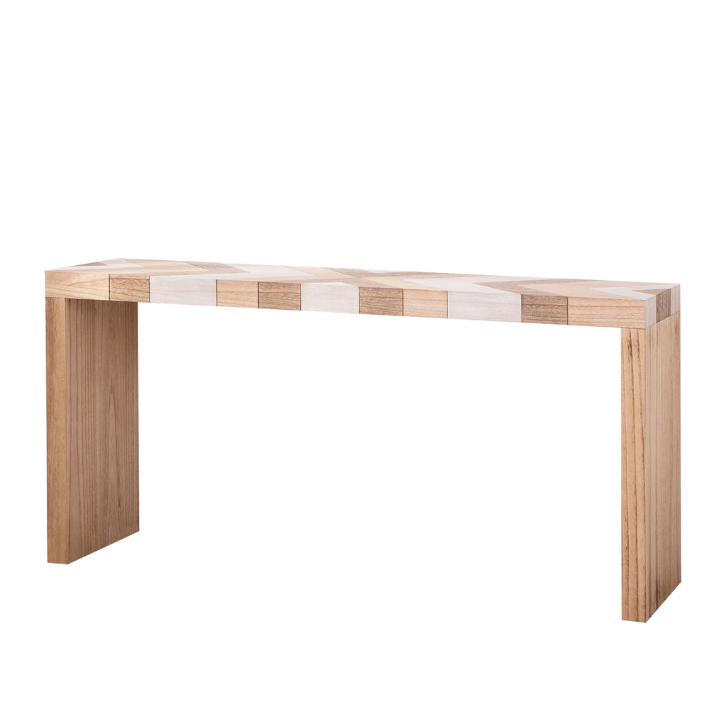 Side view of modern console table with chevron top, showcasing sleek lines and natural wood finish for contemporary interiors.