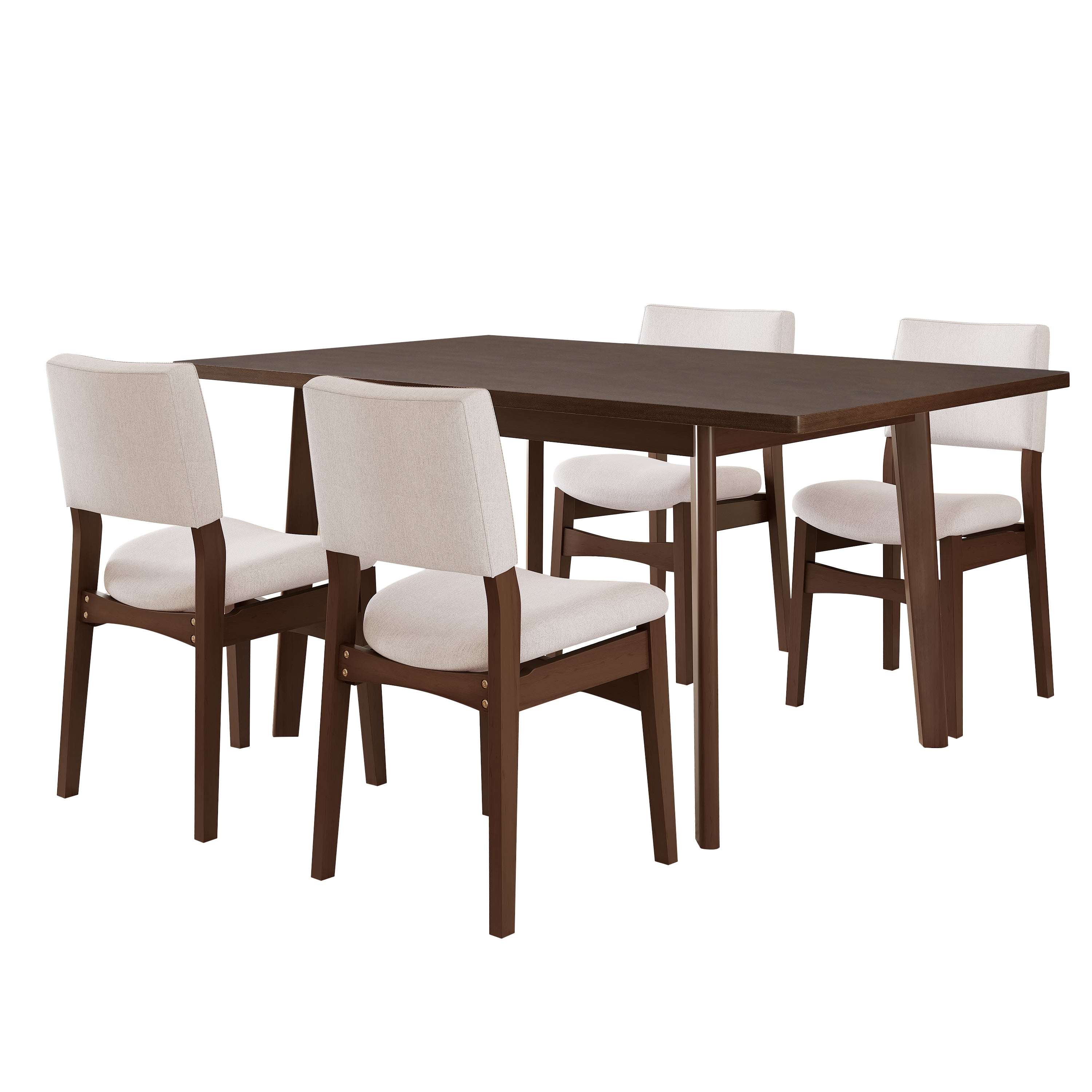 Modern wood dining set with four upholstered chairs in neutral tones. Sleek and functional for small dining rooms.