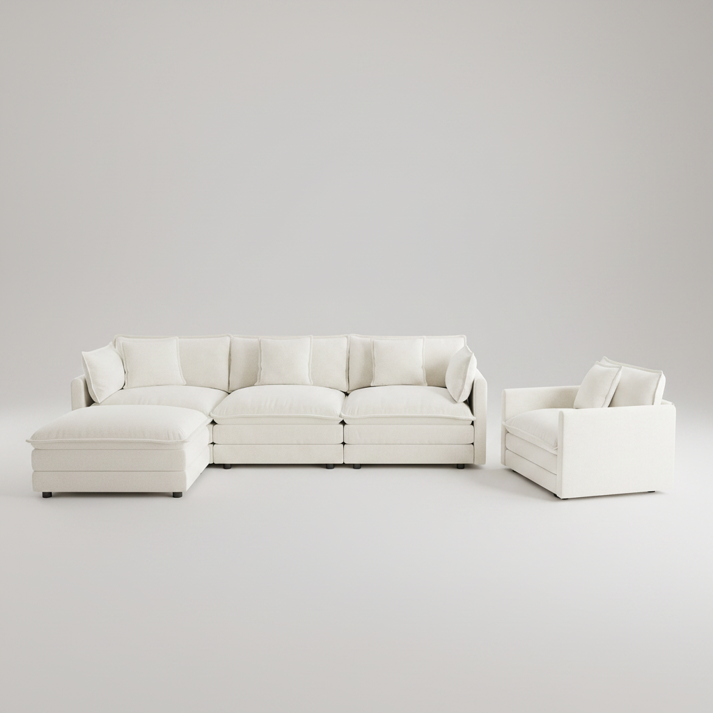 White sectional sofa and armchair on a light gray background