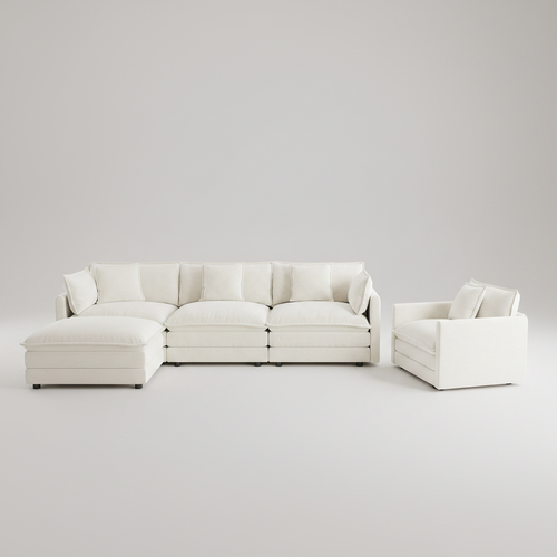 White sectional sofa and armchair on a light gray background