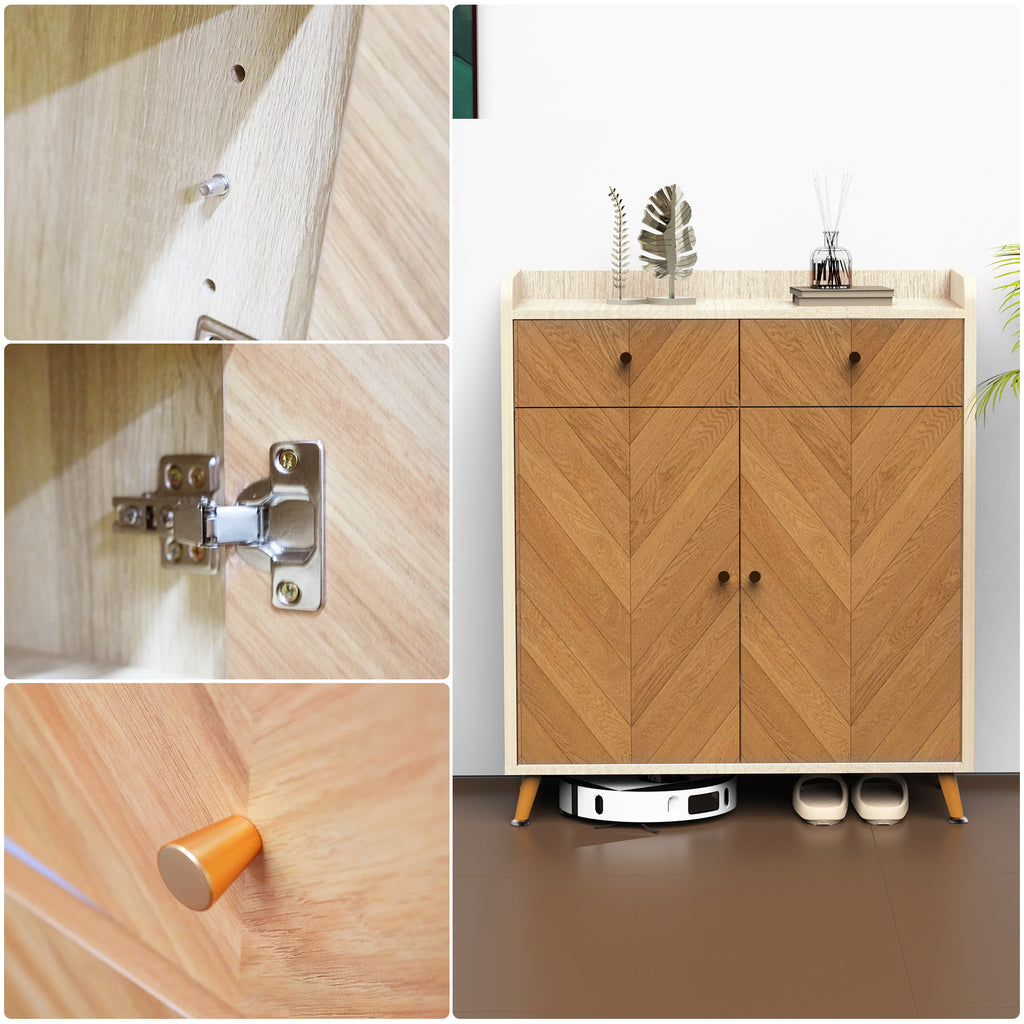 Shoe Cabinet, 4-Tier Shoe Rack Organizer with 2 Drawer, Herringbone Wooden Freestanding Shoe Storage Cabinet with 2 Door & Adjustable Shelves for Entryway Hallway (Wood)