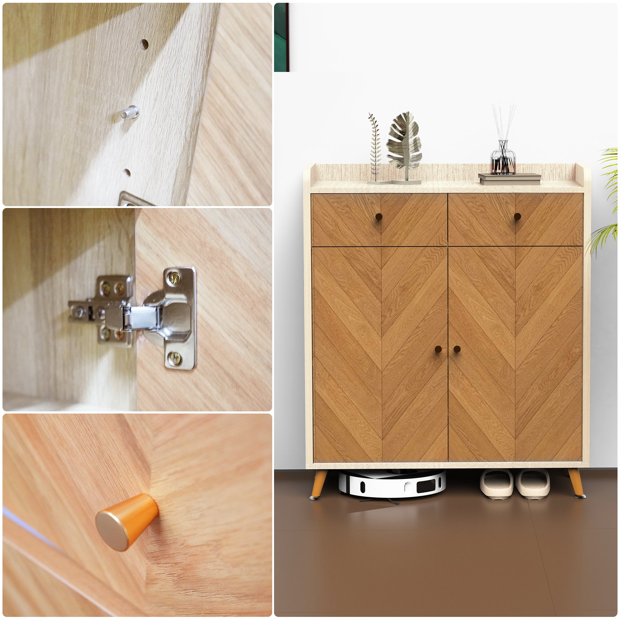 Shoe Cabinet, 4-Tier Shoe Rack Organizer with 2 Drawer, Herringbone Wooden Freestanding Shoe Storage Cabinet with 2 Door & Adjustable Shelves for Entryway Hallway (Wood)