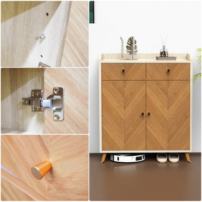 Shoe Cabinet, 4-Tier Shoe Rack Organizer with 2 Drawer, Herringbone Wooden Freestanding Shoe Storage Cabinet with 2 Door & Adjustable Shelves for Entryway Hallway (Wood)