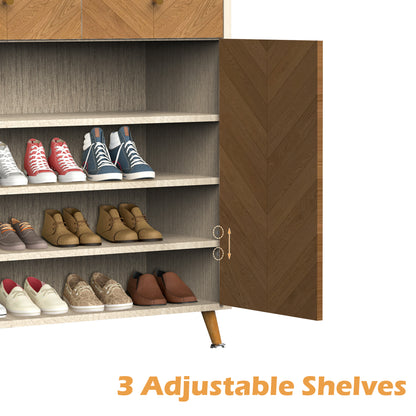 Shoe Cabinet, 4-Tier Shoe Rack Organizer with 2 Drawer, Herringbone Wooden Freestanding Shoe Storage Cabinet with 2 Door & Adjustable Shelves for Entryway Hallway (Wood)