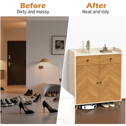 Shoe Cabinet, 4-Tier Shoe Rack Organizer with 2 Drawer, Herringbone Wooden Freestanding Shoe Storage Cabinet with 2 Door & Adjustable Shelves for Entryway Hallway (Wood)