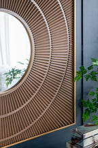 40" x 40" Square Carved Mirror with Pleated Design with Gold Iron Frame, Neutral Colorway Wall Decor for Living Room Bathroom Entryway - Groovy Boardz