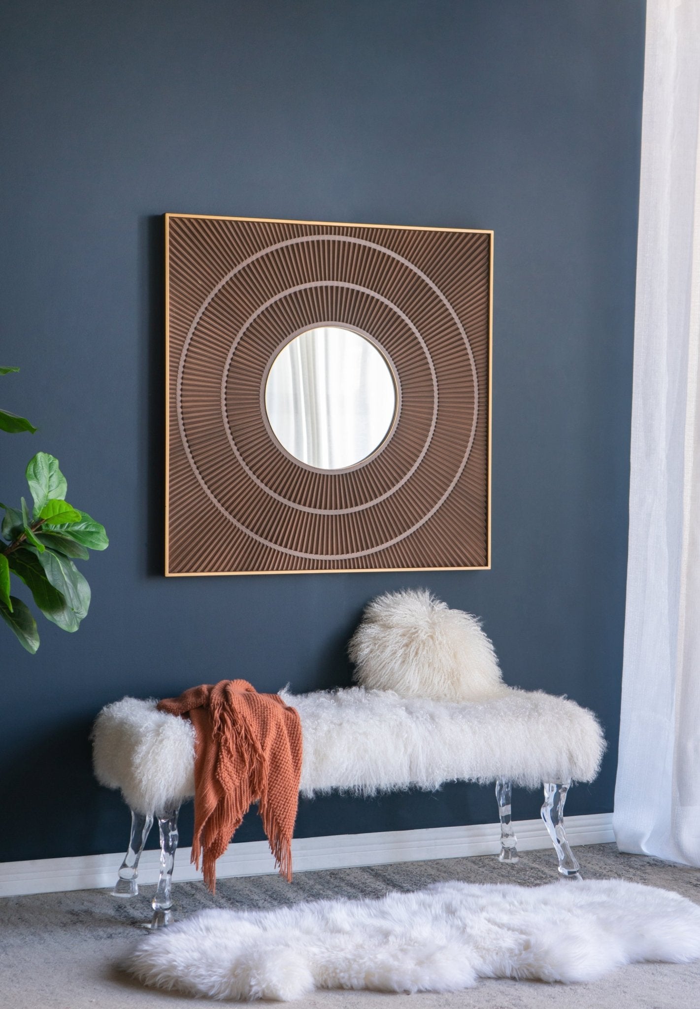 40" x 40" Square Carved Mirror with Pleated Design with Gold Iron Frame, Neutral Colorway Wall Decor for Living Room Bathroom Entryway - Groovy Boardz